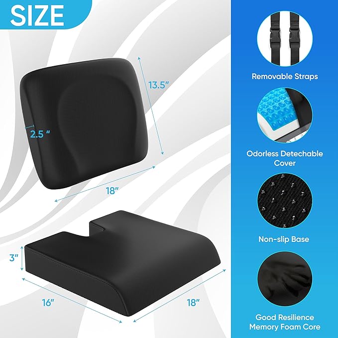 Wheelchair Cushion for Pressure Relief - (2-Piece Set) 18”x16” Anti-Slip Wheelchair Seat Cushions for Adults, Seniors with Lumbar Pillow and Removable Strap, Gel Cushion for Wheelchair