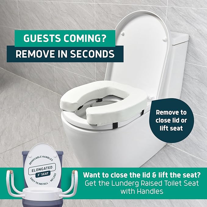 Lunderg Padded Toilet Seat Riser for Seniors - Adds 2 inches. Universal Fit - FIRM Raised Toilet Seat Cushion with High-Density Foam for Enhanced Comfort & Elevation. Post-Surgery Must have (White)