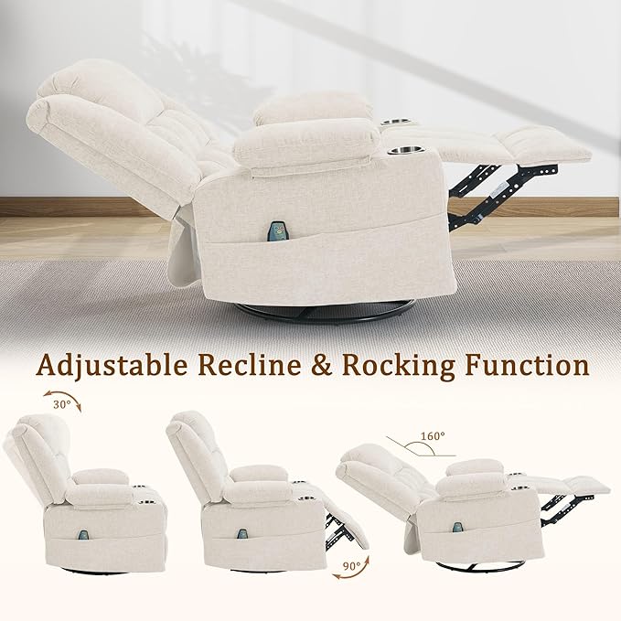 Korser 360° Swivel Rocker Recliner for Adults, Nursery Glider Recliner with Massage and Heating, Rocking Chair with Cup Holder, Manual Recliner Chair for Living Room, Bedroom (Fabric, Beige)