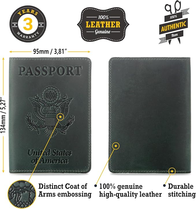 US Leather Passport Book Cover - Thin American Travel Passport Holder - Premium International USA Passport Protector Case for Women Men (Green Vintage)