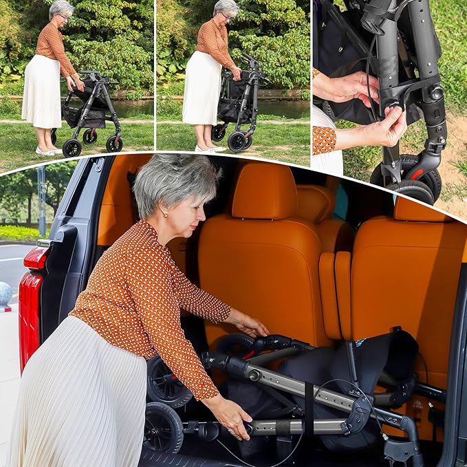 Heavy Duty Rollator Walker for Seniors with Seat, Foldable 2 in 1 Rolling Walkers Wheelchair Combo for Adult, All Terrain Wheels, Adjustable Transport Chair with Brake, 450 lb. Weight Capacity, Grey