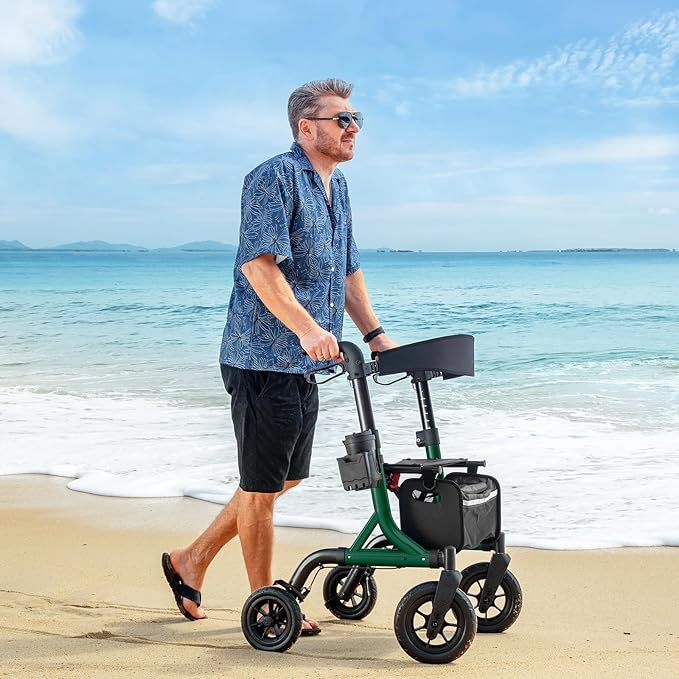 Walkers for Seniors, Rollator Walker with Seat, 10" Rubber Wheels All Terrain Rollator Walker with Backrest, Aluminum Walkers Built-in Cable, Foldable and Adjustable Height for Seniors, Green