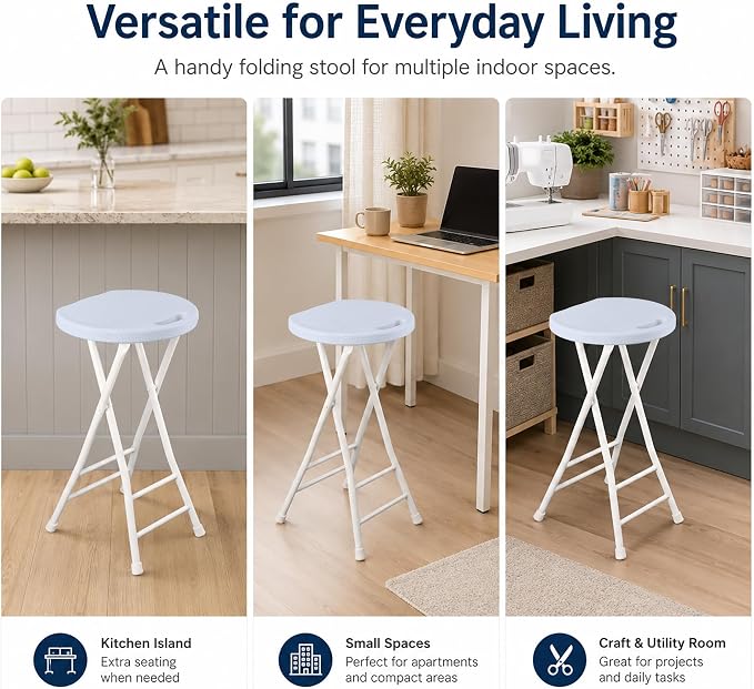 24-Inch Folding Stool with Handle, Folding Bar Stool with Non-Slip Feet,Folding Chair,Indoor and Outdoor Foldable Stool for Adults,500 lbs Capacity,Kitchen,Game Room(13"×11.5"×24",White)