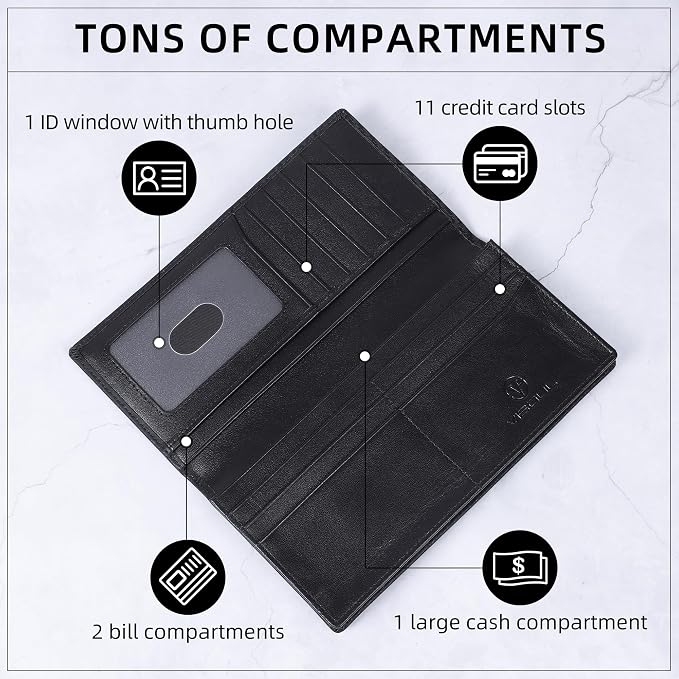 VISOUL Leather Checkbook Cover Wallet for Men with RFID Blocking, Mens Long Bifold Cash Tall Wallet with 11 Credit Card Slots 1 ID Window (Black+Black)