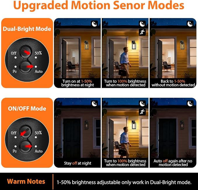 2-Pack Motion Sensor Outdoor Wall Lights, Black with Gold Trim | Auto ON/OFF, 3 Lighting Mode, Waterproof, Rust-Resistant, Durable Metal & Seeded Glass, Easy to Install, Ideal for Front Door