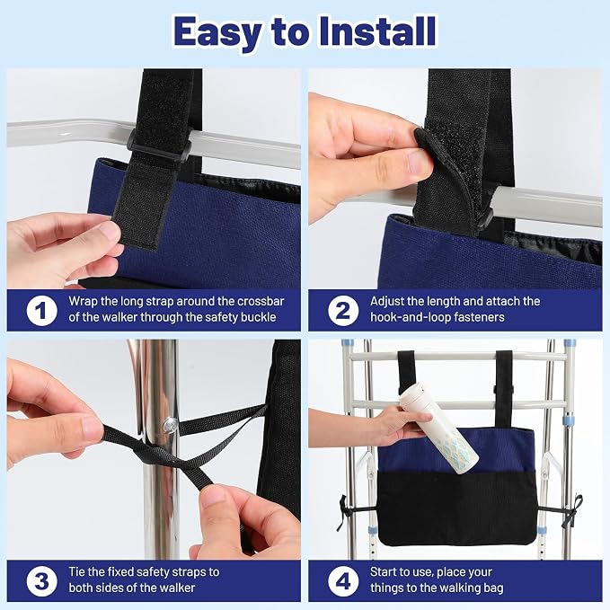 Rhino Valley Walker Bags for Walker Accessories for Seniors,Blue & Black | Walker Basket for Folding with Cup Holder, 7 Pockets with Adjustable Strap Rope,Foldable Walker Accessories for Seniors