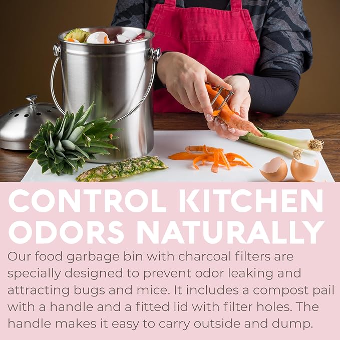 Epica Kitchen Compost Bin for Kicthen Countertops, 1.3 Galllon - Silver | Stainless Steel, Rust- Resistant, Resistant to Leaks, Replaceable Charcoal Filter for Odorless Composting