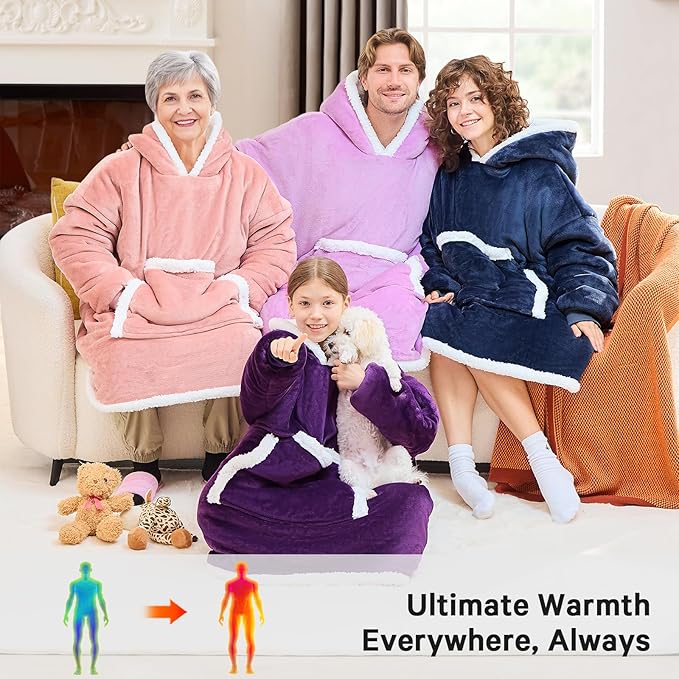 JOYWOO Purple Kids Wearable Blanket Hoodie, Oversized Cat lovers Hoodie Blanket for kids & Teens,Birthday Gifts for Girl Boys,Cozy Fuzzy Sherpa Fleece Blanket Giant Pocket Winter Gifts,Dark Purple