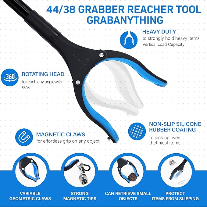 38 Inch & 44 Inch Extra Long Grabber Reacher Tool Set – Extendable Reacher Grabber Pickup Tools for Seniors, Disabled and Hard-to-Reach Areas, Ergonomic Grip & Lightweight Design（Blue）
