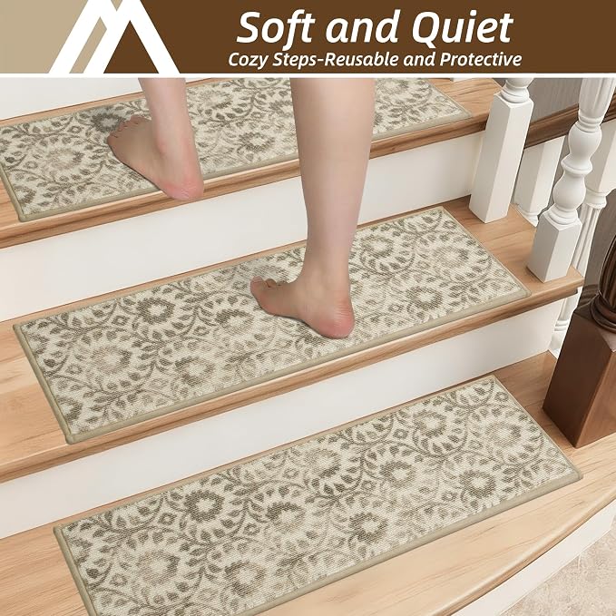COSY HOMEER Stair Treads for Wooden Steps Indoor with TPE Backing,4Pcs | Non-Slip Carpet Stair Treads, Soft Peel and Stick Stair Runners,Pet-Friendly Stair Runner Washable Reusable,Vine