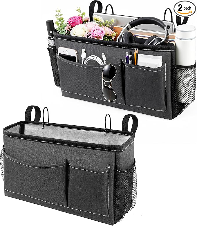 Bedside Caddy for Dorm Bed, Bedside Storage Bag Hanging Organizer | Metal Frame, Water-Resistant Lining, Fits Bed Rails up to 2.2 In, Adjustable Straps,Bunk and Hospital Beds(2 Pack,Dark Grey)