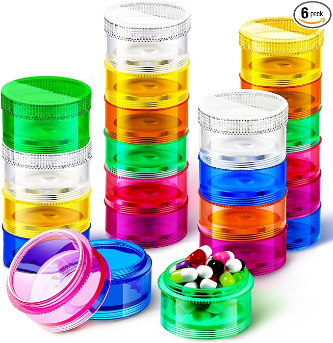 Sieral 6 Set 7 Days Stackable Pill Organizers 7 Compartments Round Pill Boxes Tower Weekly Vitamin Individual Storage Containers Travel Cases with Lids for Medications, Vitamins and Supplements