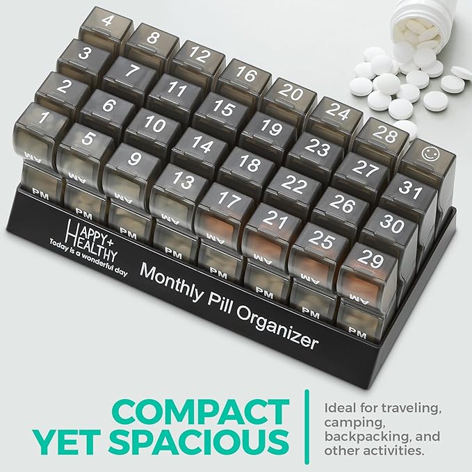 Monthly Pill Organizer - Am/Pm Daily Pill Organizer 32 Compartments for Each Day, Pill Dispenser and Dispenser Caddy That Helps You Organize Your Life, Perfect for Supplements and Medication, Black