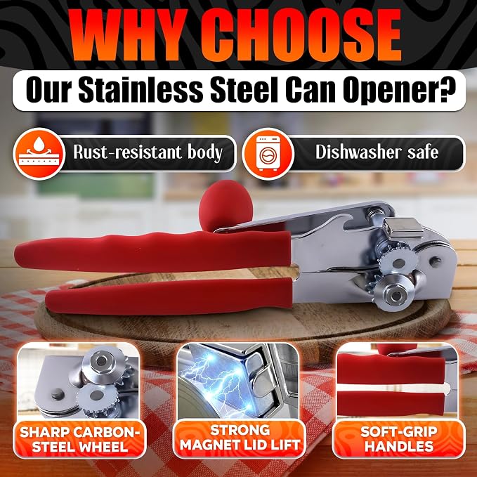 Commercial Can Opener for Large and Small Cans - Manual Stainless Steel Can Opener with Ergonomic Long Handles - 360° Smooth Crank, Non Slip Grip, 2 in 1 Bottle Opener for Home, Cafes and Restaurants