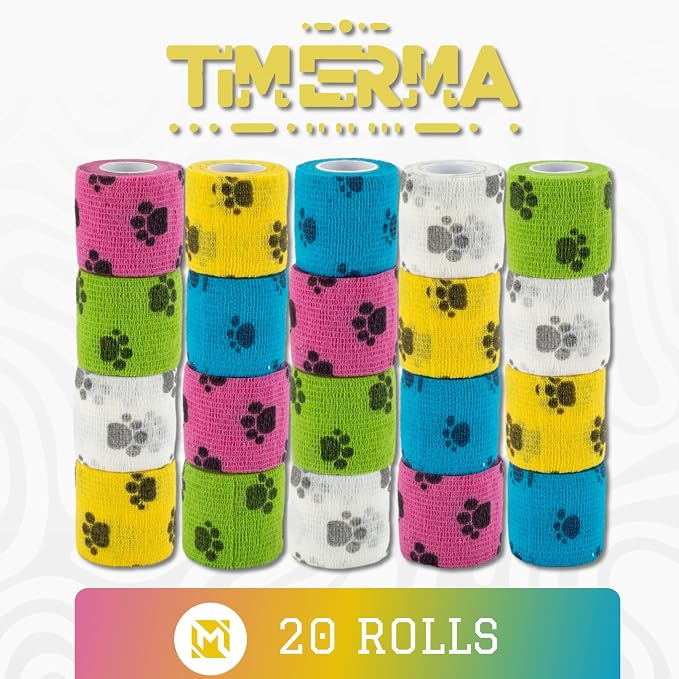 20 Rolls Self Adhesive Bandage Wrap Elastic&Breathable Ideal for Wound Care, Sports & Joint Sprains Adhesive Vet Wrap Versatile Support for Dogs Cats Horses Birds, Pet First Aid (Pawprints)