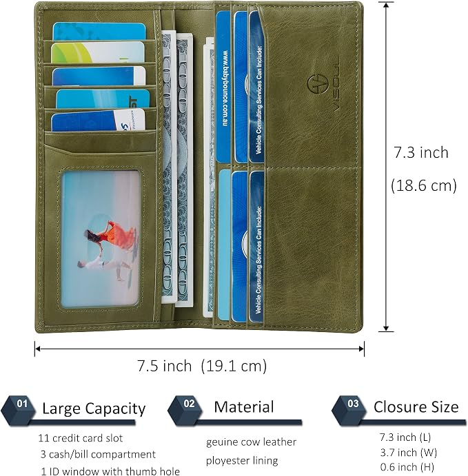 VISOUL Leather Checkbook Cover Wallet for Men with RFID Blocking, Mens Long Bifold Cash Tall Wallet with 11 Credit Card Slots 1 ID Window (Olive Green)