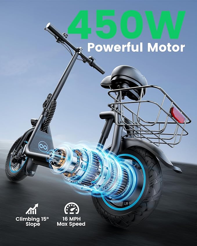 C1 Electric Scooter with Seat for Adults, 450W Powerful Motor, 20 Mile Long Range, 16 Mph Foldable Commuter E-Scooter with Basket for Daily Commute, Grocery,or Pet Travel–Professional Black