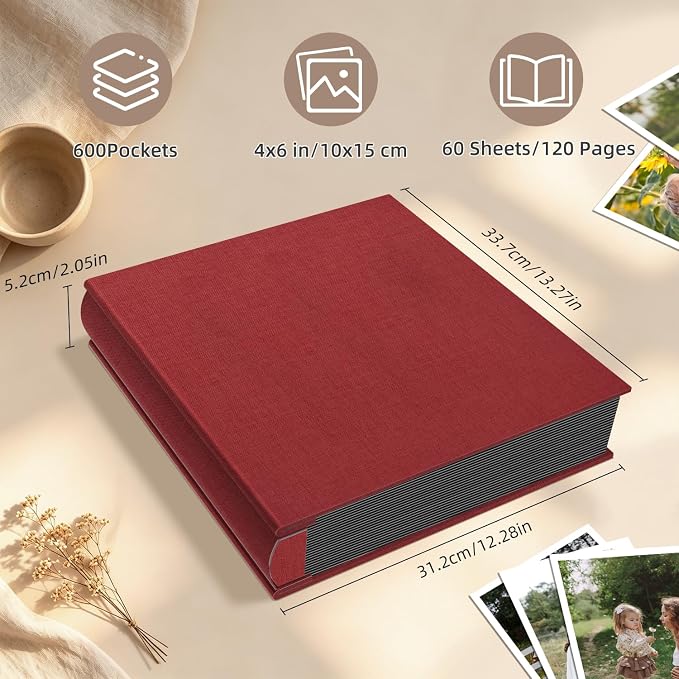 Popotop Photo Album 4x6 600 Pockets for Wedding Gifts,Linen Hardcover Picture Albums for Family Anniversary Baby Vacation Pictures