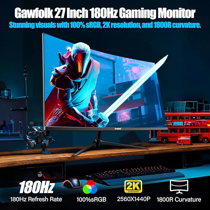 Gawfolk 27 Inch Gaming Curved Monitor, 180Hz QHD 2560x1440p PC Monitor with AMD FreeSync, Flicker-Free, HDMI 2.0, DP 1.4, Ultra-Thin Frameless 2K Computer Screen