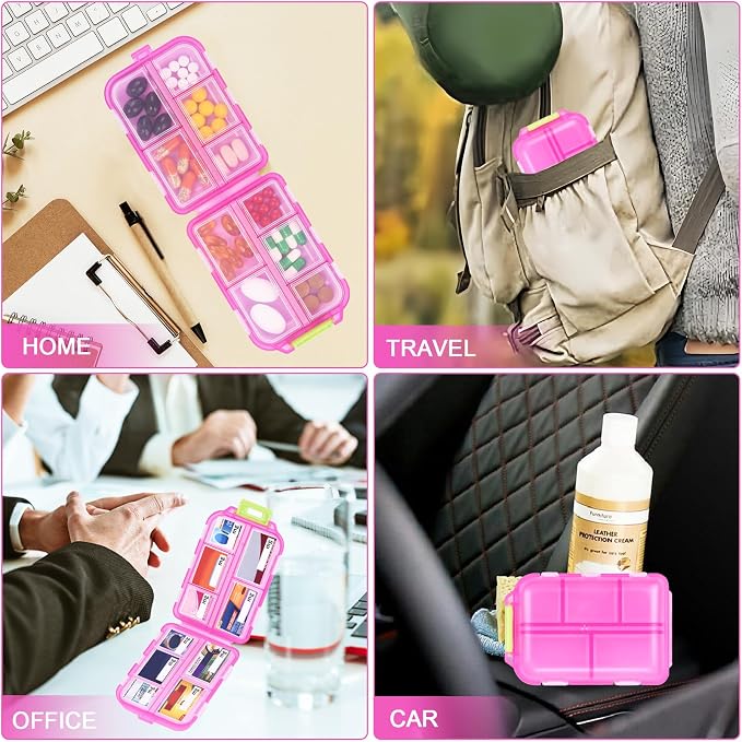 Large Travel Pill Box with 189 Medicine Labels, 10 Compartments Travel Medicine Organizer Medicine Pill Organizer Travel Essentials Pill Organizer with Stickers (Pink, 1 Pack)