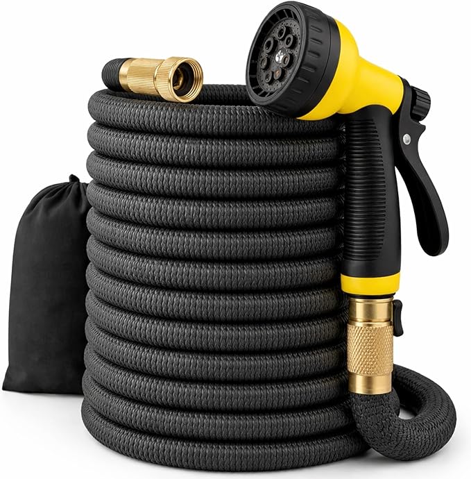 J&B XpandaHose 100ft Expandable Garden Hose, Lightweight, Brass Connectors | Ultra Strong 3750D fabric, 4-layer latex core, expands 3X, kink & leak-resistant, 10-pattern nozzle, storage bag