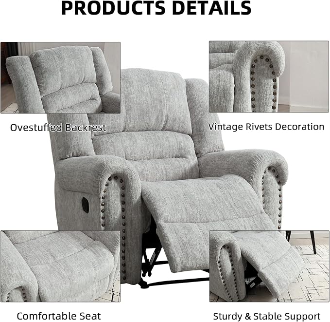 Manual Recliner Chair Set of 2, Classic and Traditional Manual Recliner Chair with Comfortable Arms and Back Single Sofa for Living Room, White Grey