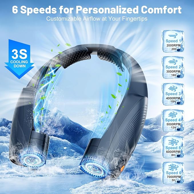 8000mAh Portable Neck Fan with 6 Powerful Speeds, 20H Runtime Cooling Fan | USB-C Rechargeable Fan,Hands-Free 360° Cooling Neck Fan,Twistable,Wearable Personal Fan Gift for Women Men Outdoor