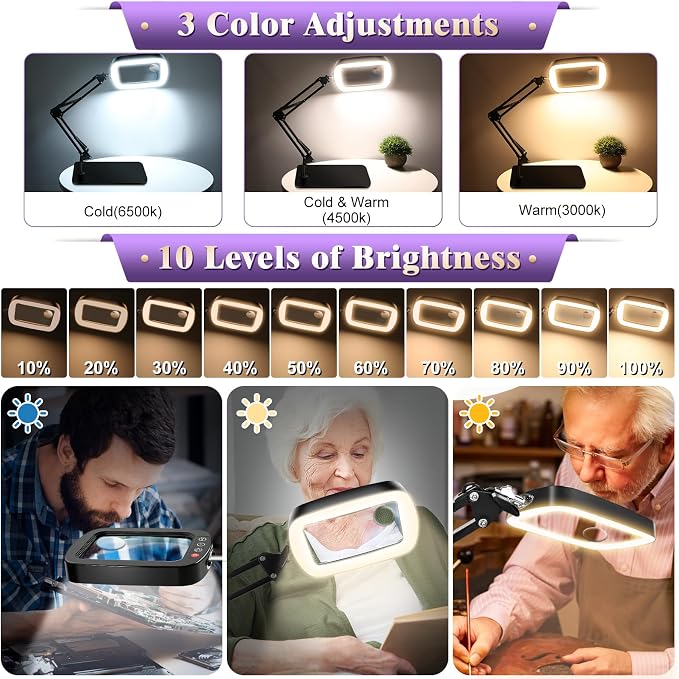 10X 30X Magnifying Glass with Light and Stand,Large Desk Lamp Magnifiers | Large Crystal-clear Magnifies,3 Color Modes&10 Brightness Levels for Reading,Crafting,Repair,flexible Arm,Large Stable Base