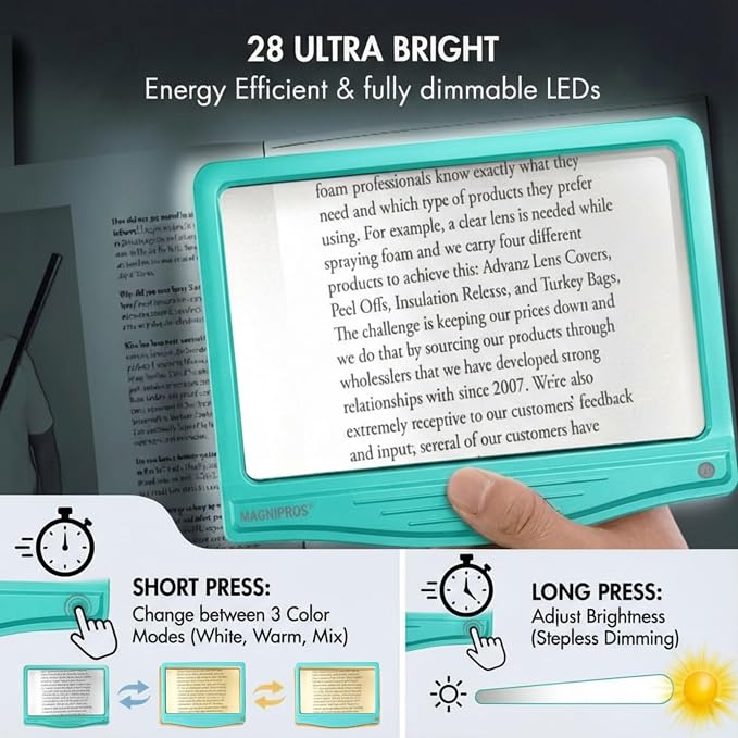 MAGNIPROS 5X Rechargeable LED Page Magnifier, Large Anti-Glare Lens, Ultra Bright 3 Color Light Modes- Reduces Eye Strain for Small Print, Low Vision & Seniors