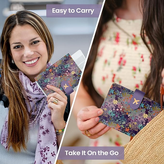 Passport Holder for Travel Essentials, RFID Blocking Leather Cover Wallet with Magnetic Closure, Aesthetic & Cute Passport Book Case for Women and Men - Violet