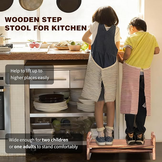 5.0in Height Wooden One Step Stool with Two Handles, Solid Pine Wood Step Stool for Kids Seniors Adults, Portable Use for High Bed, Kitchen & Bathroom.