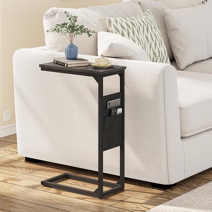 TUTOTAK C Shaped End Table, Side Table for Couch, Sofa Table | with Storage Bag, TV Tray for Living Room, Bedroom, Black TB01BK082
