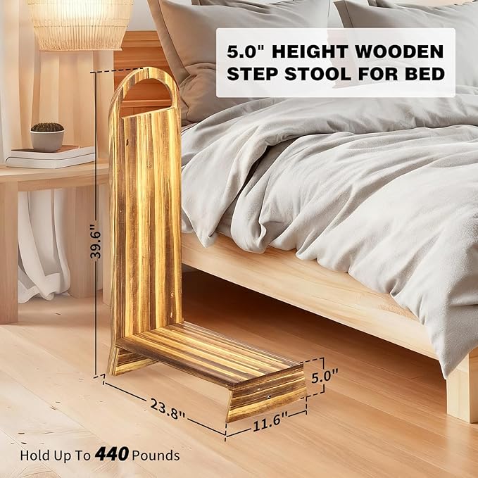Wooden One Step Stool with Handle, 5" Height Wooden Step for Bathroom/Kitchen, Solid Wooden Step with trapezoidal feet for Elderly, Adults, Kids to Get in & Out of Bed Easily(440LBs Capacity)