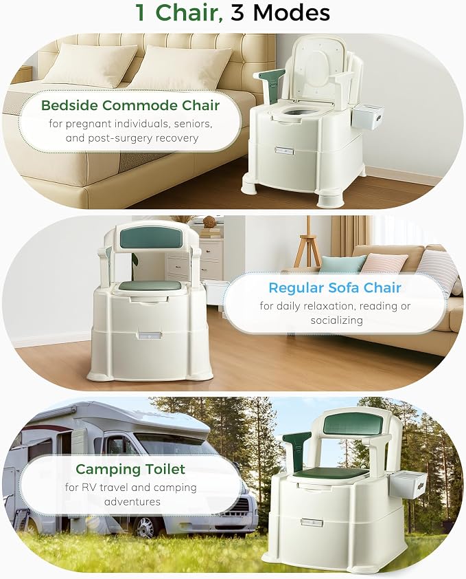 Bedside Commode, 500lbs Heavy Duty & Upgraded Commode Toilet Potty Chair, Portable Camping Toilet, Detachable Armrests, Automatic LED Light, 2-Level Height, 3 Rolls of Commode Liners 【Green】