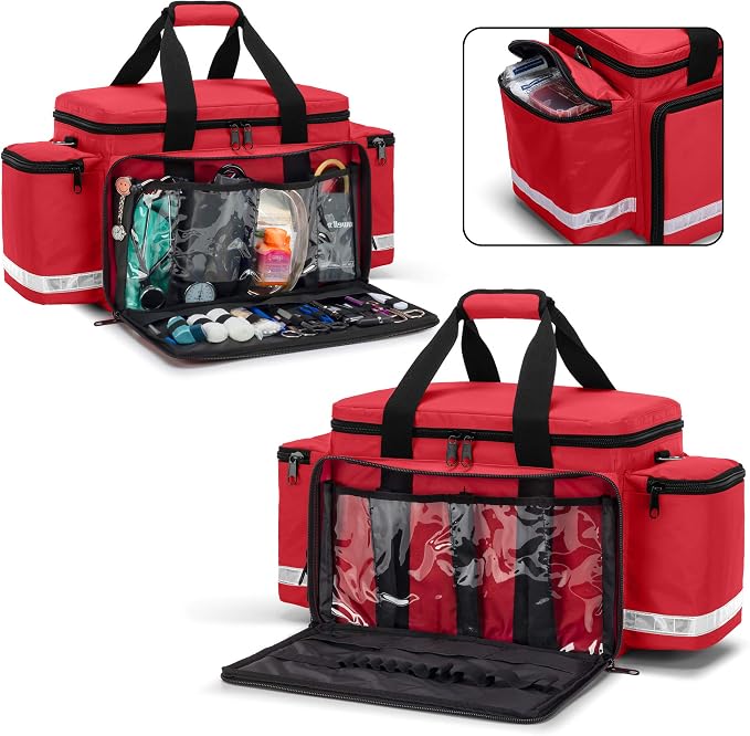 Trunab Trauma Bag with Dividers, EMT First Aid Pouch Medical Bag Empty,Red | No-Scratch Bottom, Ideal for EMS/Paramedics, Empty Bag for Customizable Layout