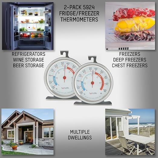 Taylor Large Dial Refrigerator Freezer Thermometer 2 Pack, 3 Inch Stainless Steel Fridge and Cooler Thermometer, Kitchen Appliance Temperature Gauge, Silver