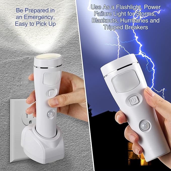Enhon 2 Pack 4 in 1 LED Emergency Lights for Home Power Failure, Rechargeable Plug in Flashlight Motion Sensor Night Light, Automatic Turn On Power Outage Light for Home Hurricane Supplies (White)