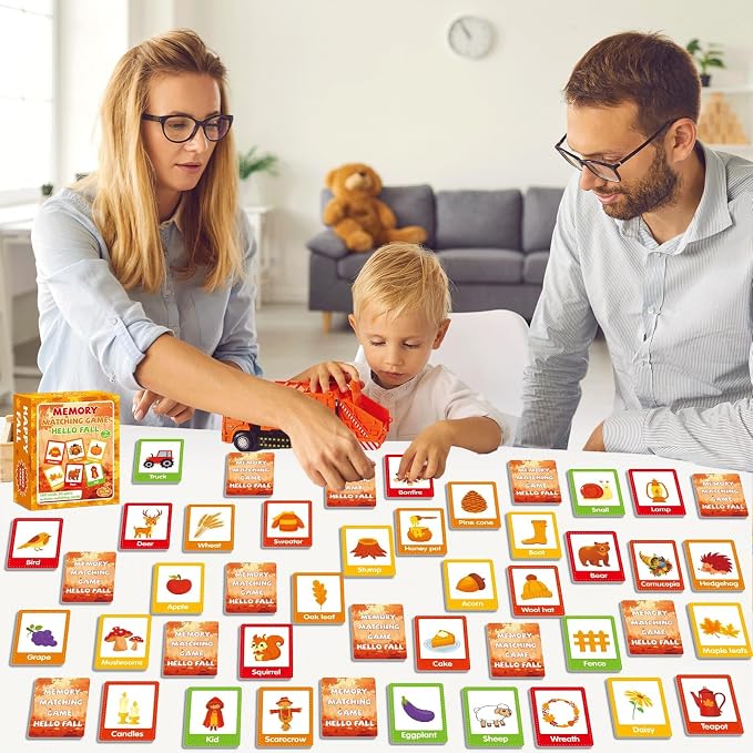 gisgfim 100 PCS Fall Memory Matching Game Thanksgiving Happy Fall Concentration Memory Games for Kids Educational Ages 3-8 A Fun & Fast Autumn Theme Memory Matching Games