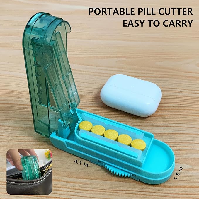 Johnbee Pill Cutter Splitter for Small and Tiny Pills. Adjustable Pill Splitter Accurately Cuts Multiple Pills at Once. Sharp Blade with Safety Guard. Non-Slip Silicone Edge (Lake Blue)