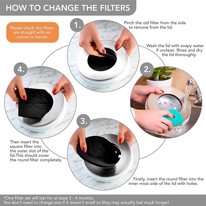 Premium Compost Bin for Kitchen Countertop - Stainless Steel Food Waste Bucket with Innovative Dual Filter Technology - Includes Spare Filters (White, 1.3 Gallon)
