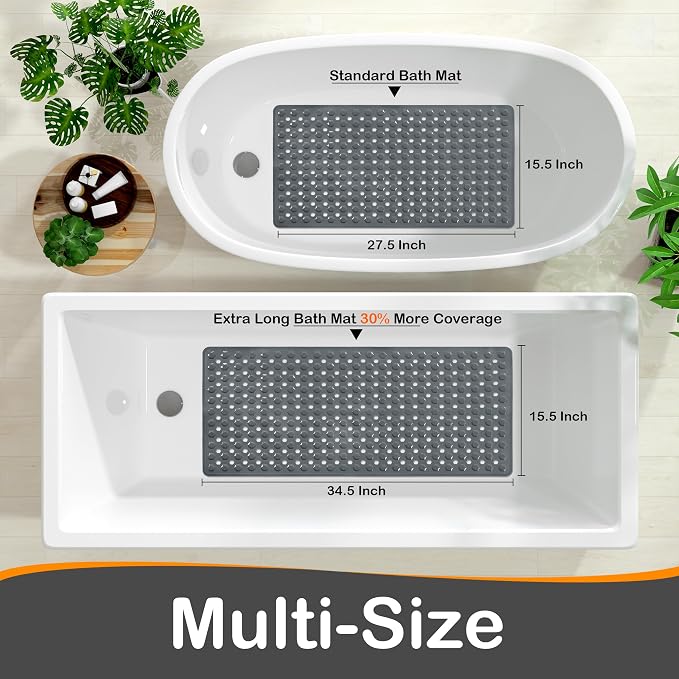Yimobra Bathtub Mat Non Slip, 34.5"X15.5" Long Shower Mat for Inside Shower, Machine Washable Bath Mat with Drain Holes & Strong Suction Cups, Soft on Feet, Bathroom Essentials, Dark Grey