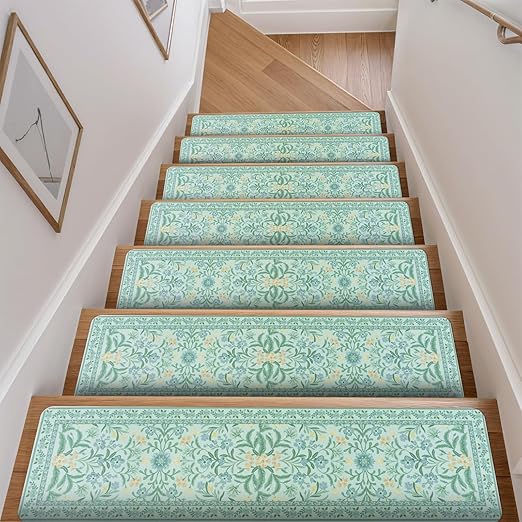 OJIA Blue Stair Treads Non Slip 15PCS 8"x30" Stair Runners for Wooden Steps | Floral Rubber Carpet Stair Treads Stair Runner Indoor Mats Residue-Free Staircase Step Treads for Kids, Elders, Pets