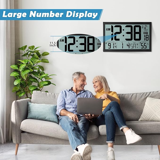 SZELAM Atomic Clock,16.7" Large Display Digital Wall Clock Battery Operated,Digital Calendar Auto Setting Desk Clocks with Indoor Temperature, Humidity,Date,Day,Auto DST for Elderly Bedroom Classroom
