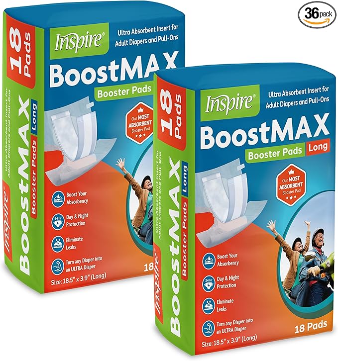 Inspire Incontinence Booster Pads Super Absorbent Extra Long | Pad Liner Women and Men | Inserts for Adult Diapers 5+ Cups Absorbency 36 Count Money Back Leak Free Guarantee!