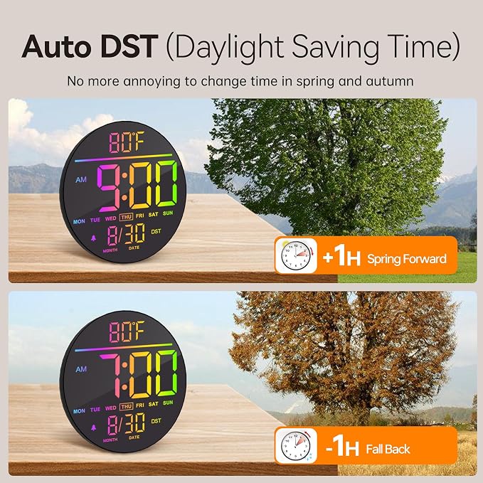 JALL 10" Large Digital Wall Clock with Seconds, Alarm Countdown Timer, Big LED Display, RGB Color, DST, Temperature, Mounted for Bedroom Living Room Office Classroom Gym, Xmas Birthday Gift, Blue