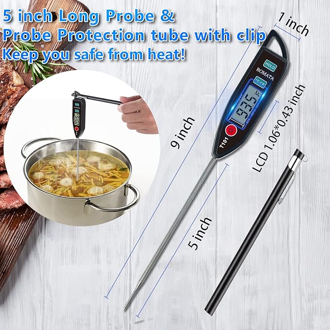 BOMATA Digital Water Thermometer for Liquid, Meat, Cooking, IPX7 Waterproof | Instant Read Food Thermometer, 5in Long Probe for Candle, Water, Meat, BBQ! T101 (Black Color)…