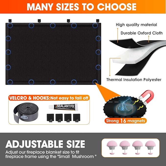 CADARA Fireplace Blocker Blanket Stops Heat Loss, Magnetic Fireplace Draft Stopper, Indoor Fire Place Draft Cover with Hook and Loop Tapes, Cold Air Blocker Save Energy, Black 45" W x 34" H