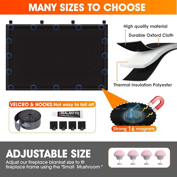 CADARA Fireplace Blocker Blanket Stops Heat Loss, Magnetic Fireplace Draft Stopper, Indoor Fire Place Draft Cover with Hook and Loop Tapes, Cold Air Blocker Save Energy, Black 36" W x 30" H