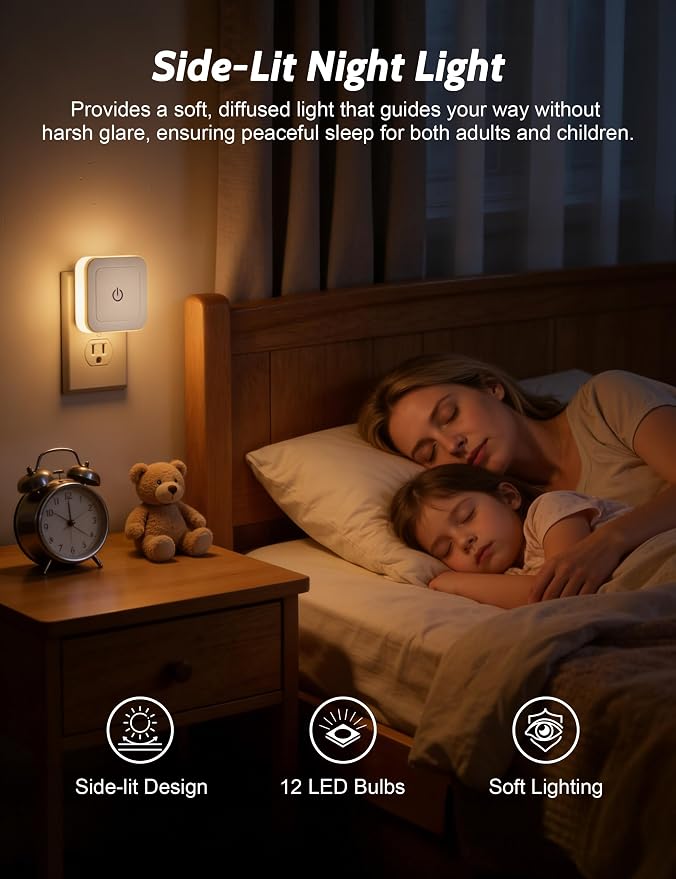 Sujeet Night Light, 4 Pack 1-50LM Stepless Dimming LED Night Light with 3CCT (3000K/4500K/6500K), Night Lights Plug into Wall for Adults, Bedroom, Bathroom, Hallway, Kitchen, Kids, No Light Sensor