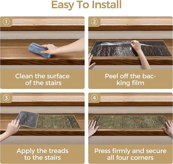 sarben 8"x30" Non Slip Stair Treads for Wooden Steps 15 Pack, Olive Brown | Peel and Stick Carpet Stair Runner with TPE Adhesive Backing, Carpet for Added Safety, Pet and Senior Friendly